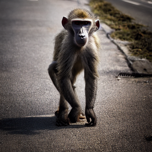 Baboon in the street, generated by Stable Diffusion