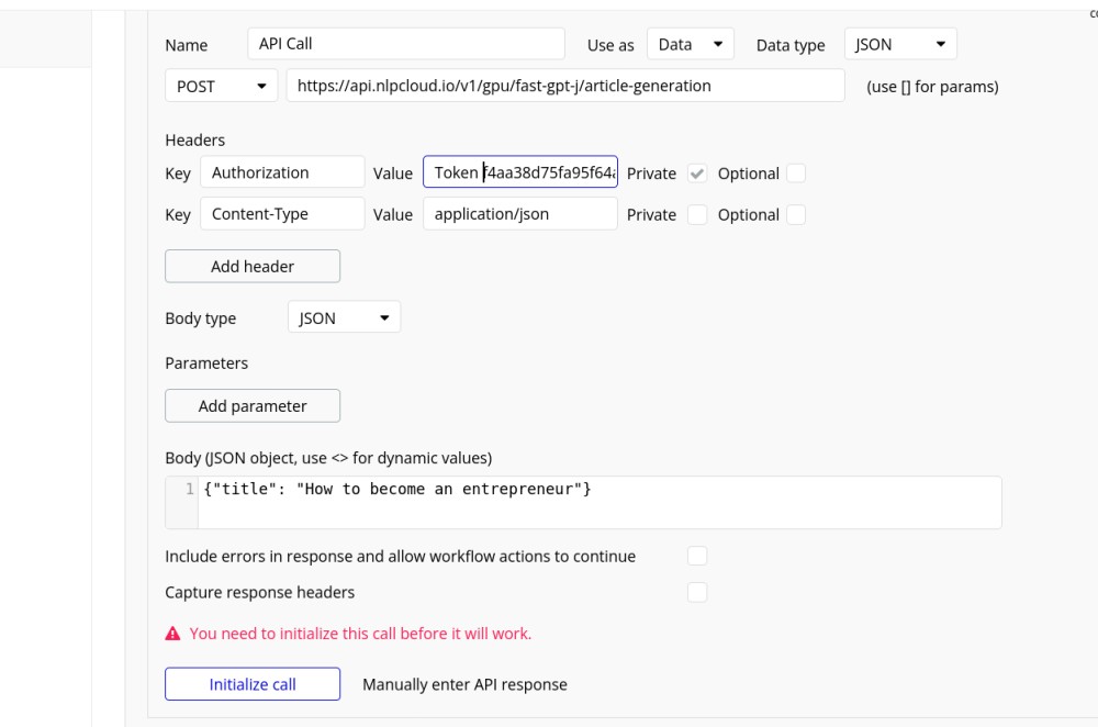 Bubble.io NLP Cloud API-anslutning