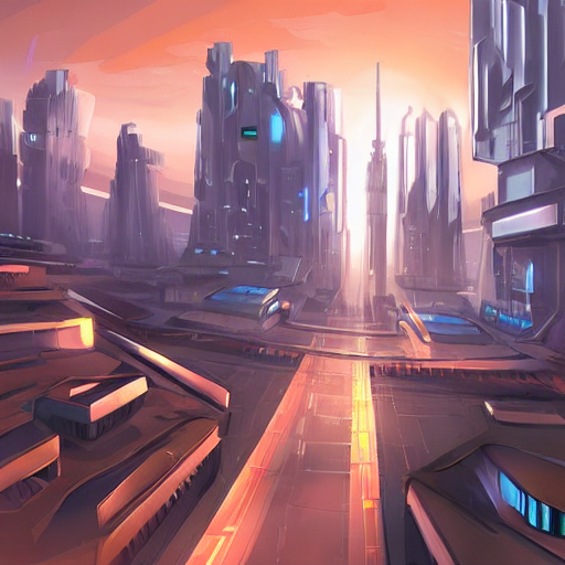 Concept art of a futuristic city during sunset, generated by Stable Diffusion