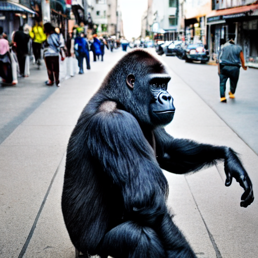Photograph of a gorilla in the street, generated by Stable Diffusion