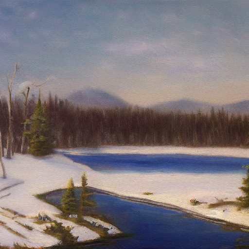 An oil painting of a lake in Winter, generated by Stable Diffusion